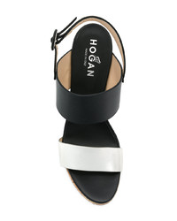 Бело-черные кожаные босоножки на танкетке от Hogan