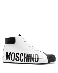 Мужские бело-черные кожаные высокие кеды с принтом от Moschino