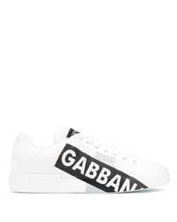 Мужские бело-черные кожаные низкие кеды с принтом от Dolce & Gabbana