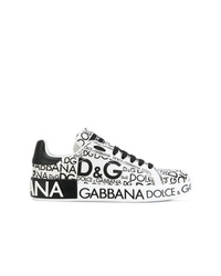 Женские бело-черные кожаные низкие кеды с принтом от Dolce & Gabbana