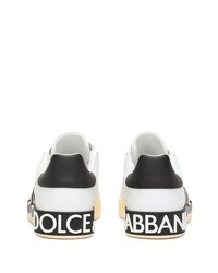 Мужские бело-черные кожаные низкие кеды с принтом от Dolce & Gabbana