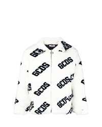 Бело-черный меховой бомбер с принтом