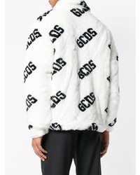 Мужской бело-черный меховой бомбер с принтом от Gcds