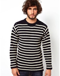 Мужской бело-черный свитер с круглым вырезом в горизонтальную полоску