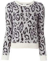 Женский бело-черный свитер с круглым вырезом с леопардовым принтом от Saint Laurent