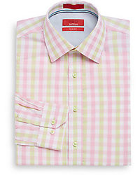 Бело-ярко-розовая классическая рубашка в шотландскую клетку