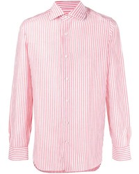 Мужская бело-ярко-розовая рубашка с длинным рукавом в вертикальную полоску от Barba