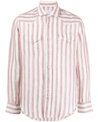 Мужская бело-ярко-розовая рубашка с длинным рукавом в вертикальную полоску от Eleventy
