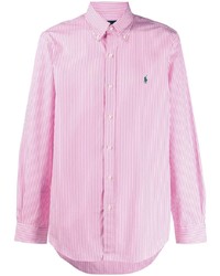 Мужская бело-ярко-розовая рубашка с длинным рукавом в вертикальную полоску от Polo Ralph Lauren