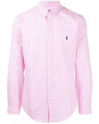 Мужская бело-ярко-розовая рубашка с длинным рукавом в вертикальную полоску от Polo Ralph Lauren