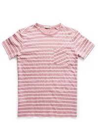 Бело-ярко-розовая футболка с круглым вырезом в горизонтальную полоску