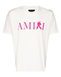 Мужская бело-ярко-розовая футболка с круглым вырезом с принтом от Amiri