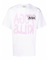 Мужская бело-ярко-розовая футболка с круглым вырезом с принтом от Aries