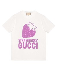Мужская бело-ярко-розовая футболка с круглым вырезом с принтом от Gucci