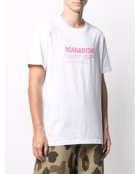 Мужская бело-ярко-розовая футболка с круглым вырезом с принтом от Maharishi