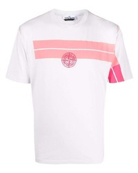 Мужская бело-ярко-розовая футболка с круглым вырезом с принтом от Stone Island