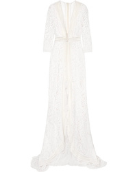 Белое кружевное вечернее платье с цветочным принтом от Galvan