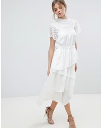 Белое кружевное платье-миди с рюшами от Y.a.s