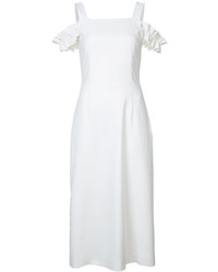 Белое платье с открытыми плечами с рюшами от Mother of Pearl