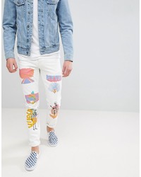 Мужские белые зауженные джинсы с принтом от ASOS DESIGN