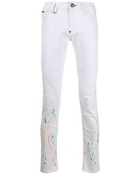 Мужские белые зауженные джинсы с принтом от Philipp Plein