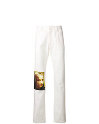 Мужские белые зауженные джинсы с принтом от Raf Simons