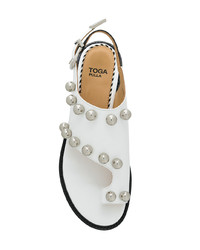 Белые кожаные босоножки на каблуке с украшением от Toga Pulla