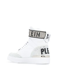 Мужские белые кожаные высокие кеды с украшением от Philipp Plein