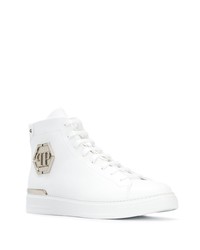 Мужские белые кожаные высокие кеды с украшением от Philipp Plein