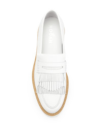 Белые кожаные лоферы на платформе от Hogan