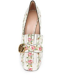 Женские белые кожаные лоферы с цветочным принтом от Gucci