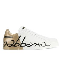 Мужские белые кожаные низкие кеды с принтом от Dolce & Gabbana