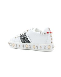 Женские белые кожаные низкие кеды с украшением от Philipp Plein