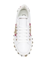 Женские белые кожаные низкие кеды с украшением от Philipp Plein