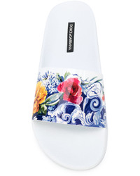 Белые кожаные сандалии на плоской подошве с принтом от Dolce & Gabbana