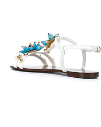 Белые кожаные сандалии на плоской подошве с украшением от Dolce & Gabbana