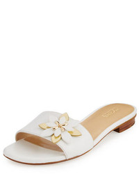 Белые кожаные сандалии на плоской подошве с цветочным принтом