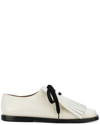 Женские белые кожаные туфли на шнуровке c бахромой от Marni