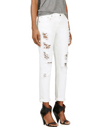 Белые рваные джинсы-бойфренды