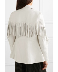 Женский белый кожаный пиджак c бахромой от Ganni