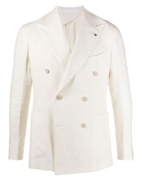 Белый льняной двубортный пиджак