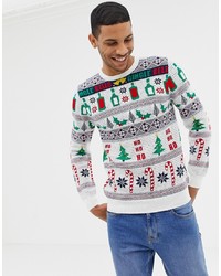 Мужской белый новогодний свитер с круглым вырезом от Burton Menswear