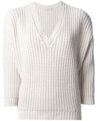 Женский белый свитер с v-образным вырезом от Brunello Cucinelli