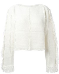 Белый свитер с круглым вырезом c бахромой