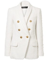 Женский белый твидовый двубортный пиджак от Balmain