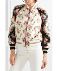 Женский белый шелковый бомбер с цветочным принтом от Gucci