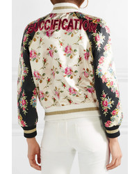 Женский белый шелковый бомбер с цветочным принтом от Gucci
