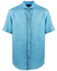 Мужская бирюзовая льняная рубашка с коротким рукавом от Emporio Armani