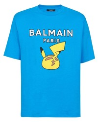Мужская бирюзовая футболка с круглым вырезом с принтом от Balmain