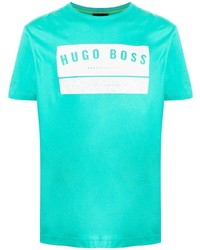 Мужская бирюзовая футболка с круглым вырезом с принтом от BOSS